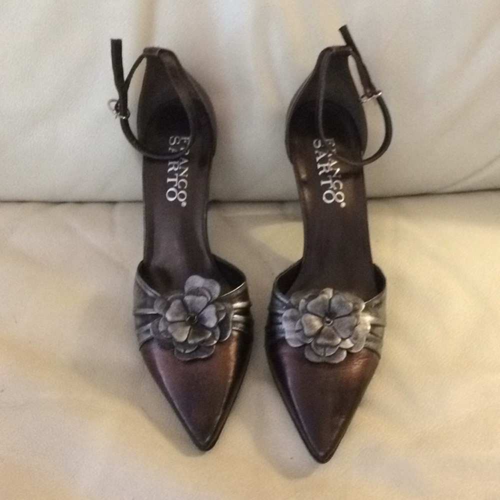 Franco Sarto Bronze Metallic Pointed-Toe Heels with Flower Accent